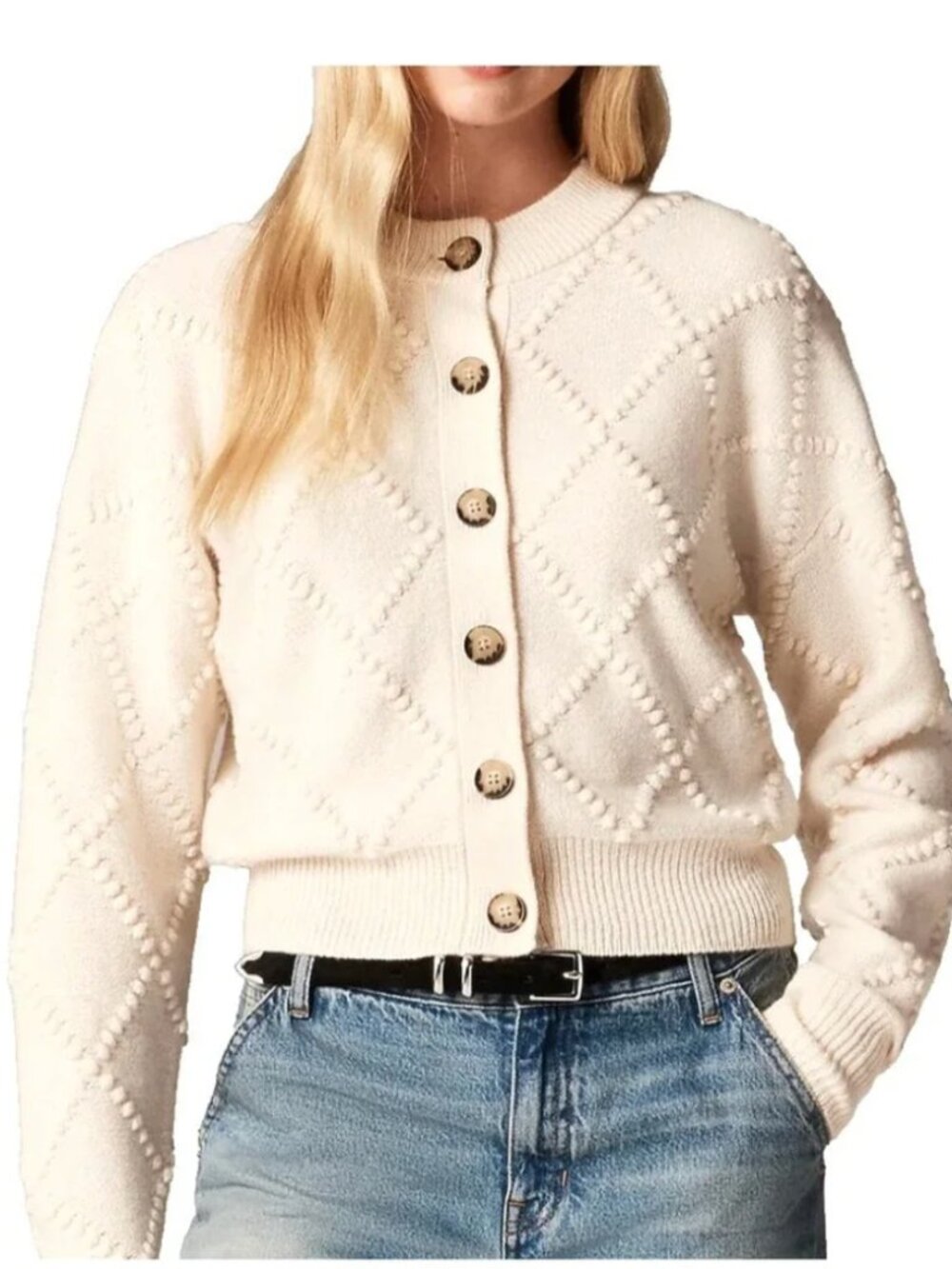 JCrew Popcorn-stitch cardigan in vintage wool, Ivory, Size Large - Picture 2 of 8